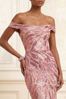 Load image into Gallery viewer, Sparkly Pink Long Mermaid Off the Shoulder Beaded Prom Dress