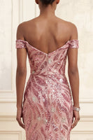 Load image into Gallery viewer, Sparkly Pink Long Mermaid Off the Shoulder Beaded Prom Dress