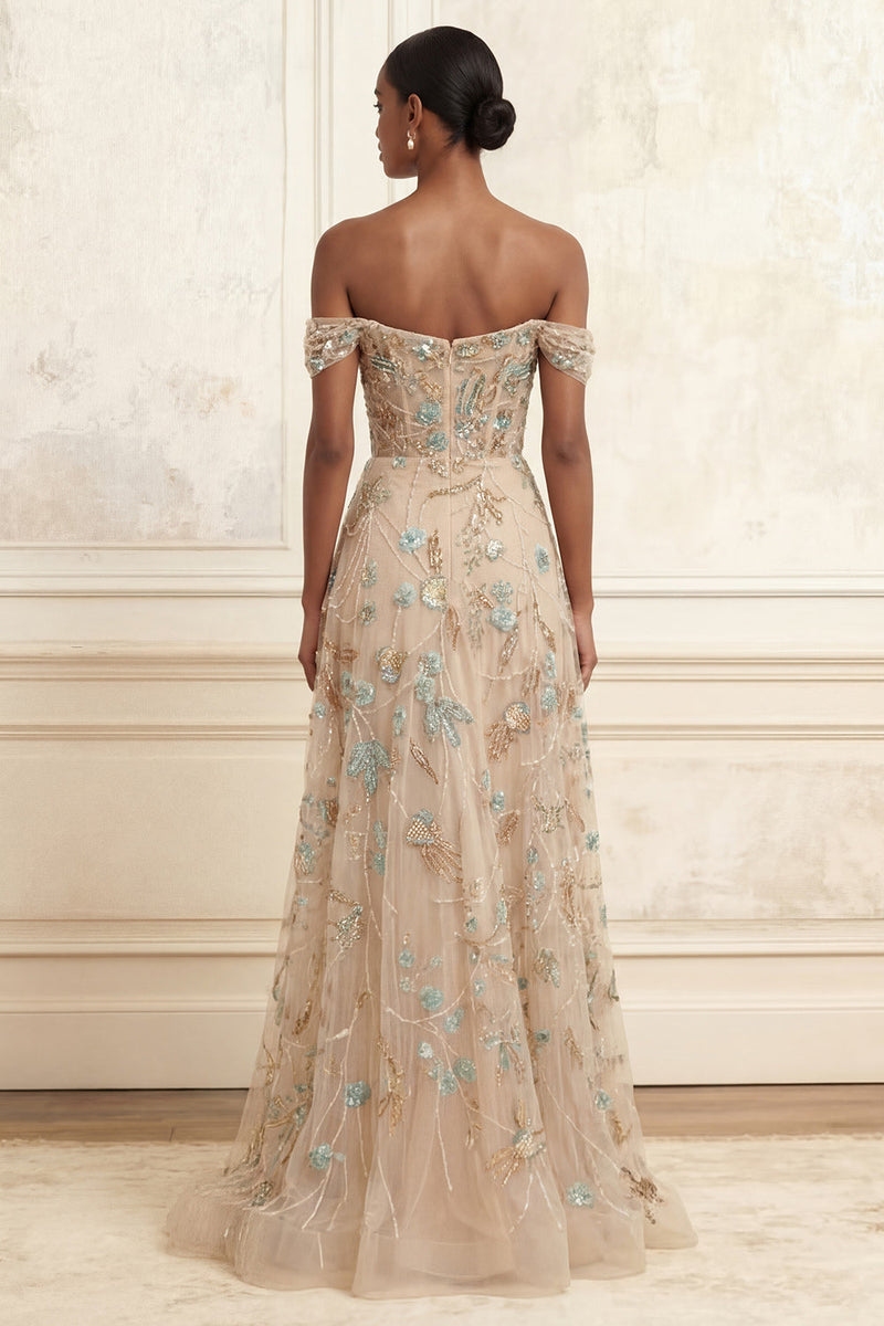 Load image into Gallery viewer, A Line Sparkly Champagne Corset Beaded Long Floral Prom Dress