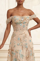 Load image into Gallery viewer, A Line Sparkly Champagne Corset Beaded Long Floral Prom Dress