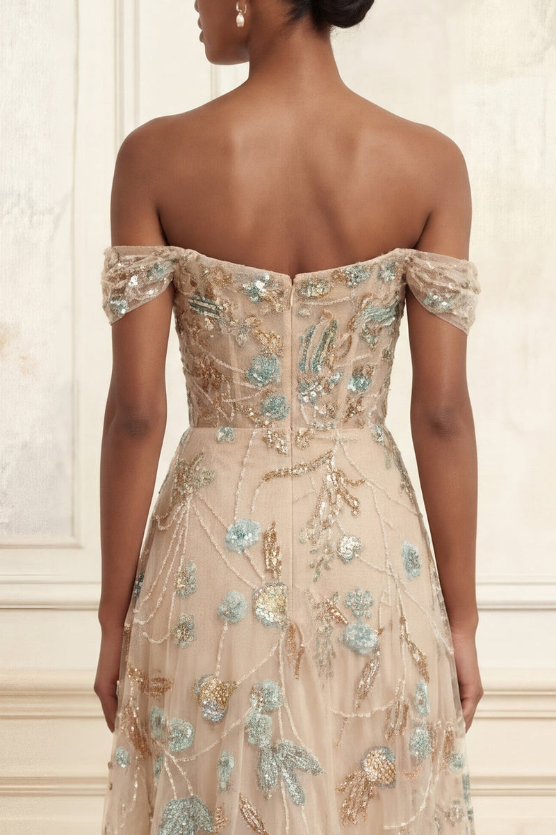 Load image into Gallery viewer, A Line Sparkly Champagne Corset Beaded Long Floral Prom Dress