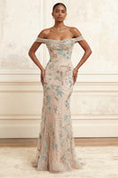 Load image into Gallery viewer, Long Floral Sparkly Beaded Champagne Off the Shoulder Prom Dress
