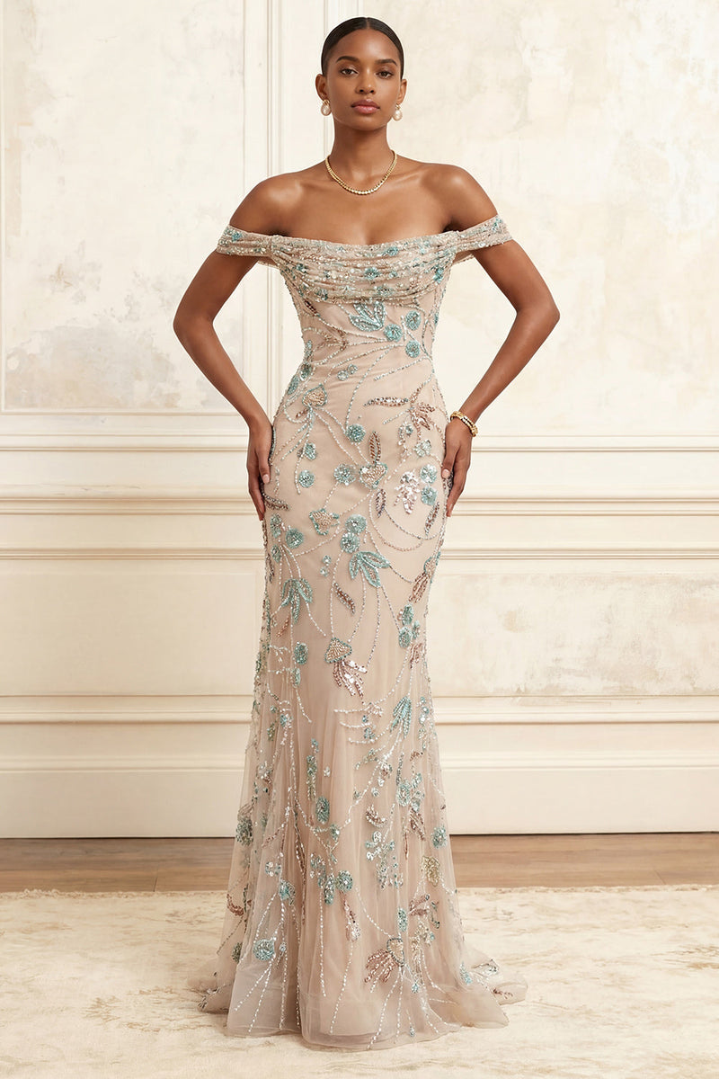Load image into Gallery viewer, Long Floral Sparkly Beaded Champagne Off the Shoulder Prom Dress