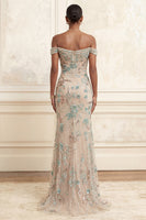 Load image into Gallery viewer, Long Floral Sparkly Beaded Champagne Off the Shoulder Prom Dress