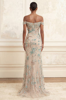 Long Floral Sparkly Beaded Champagne Off the Shoulder Prom Dress
