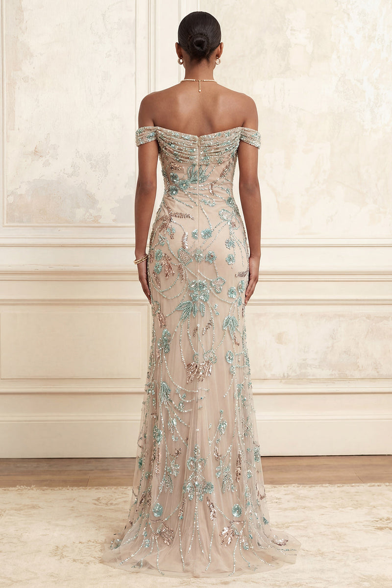 Load image into Gallery viewer, Long Floral Sparkly Beaded Champagne Off the Shoulder Prom Dress