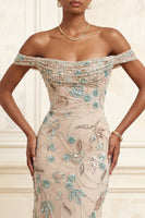 Load image into Gallery viewer, Long Floral Sparkly Beaded Champagne Off the Shoulder Prom Dress