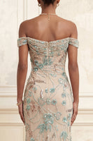 Load image into Gallery viewer, Long Floral Sparkly Beaded Champagne Off the Shoulder Prom Dress