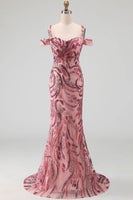 Load image into Gallery viewer, Cold Shoulder Pink Sparkly Long Neck Scarf Mermaid Beaded Prom Dress