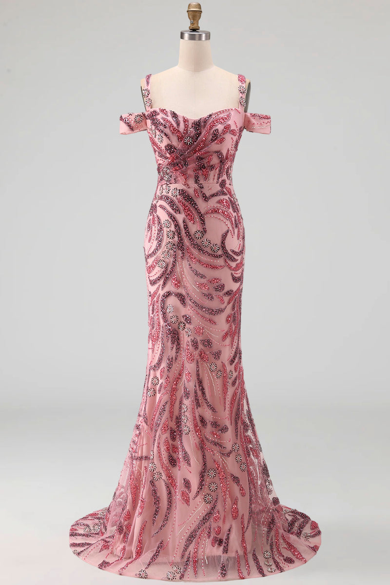 Load image into Gallery viewer, Cold Shoulder Pink Sparkly Long Neck Scarf Mermaid Beaded Prom Dress