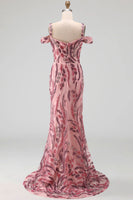 Load image into Gallery viewer, Cold Shoulder Pink Sparkly Long Neck Scarf Mermaid Beaded Prom Dress