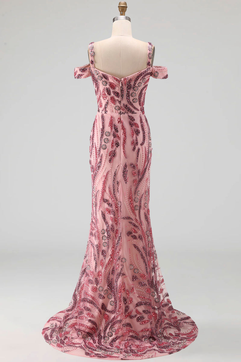 Load image into Gallery viewer, Cold Shoulder Pink Sparkly Long Neck Scarf Mermaid Beaded Prom Dress