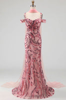 Load image into Gallery viewer, Cold Shoulder Pink Sparkly Long Neck Scarf Mermaid Beaded Prom Dress