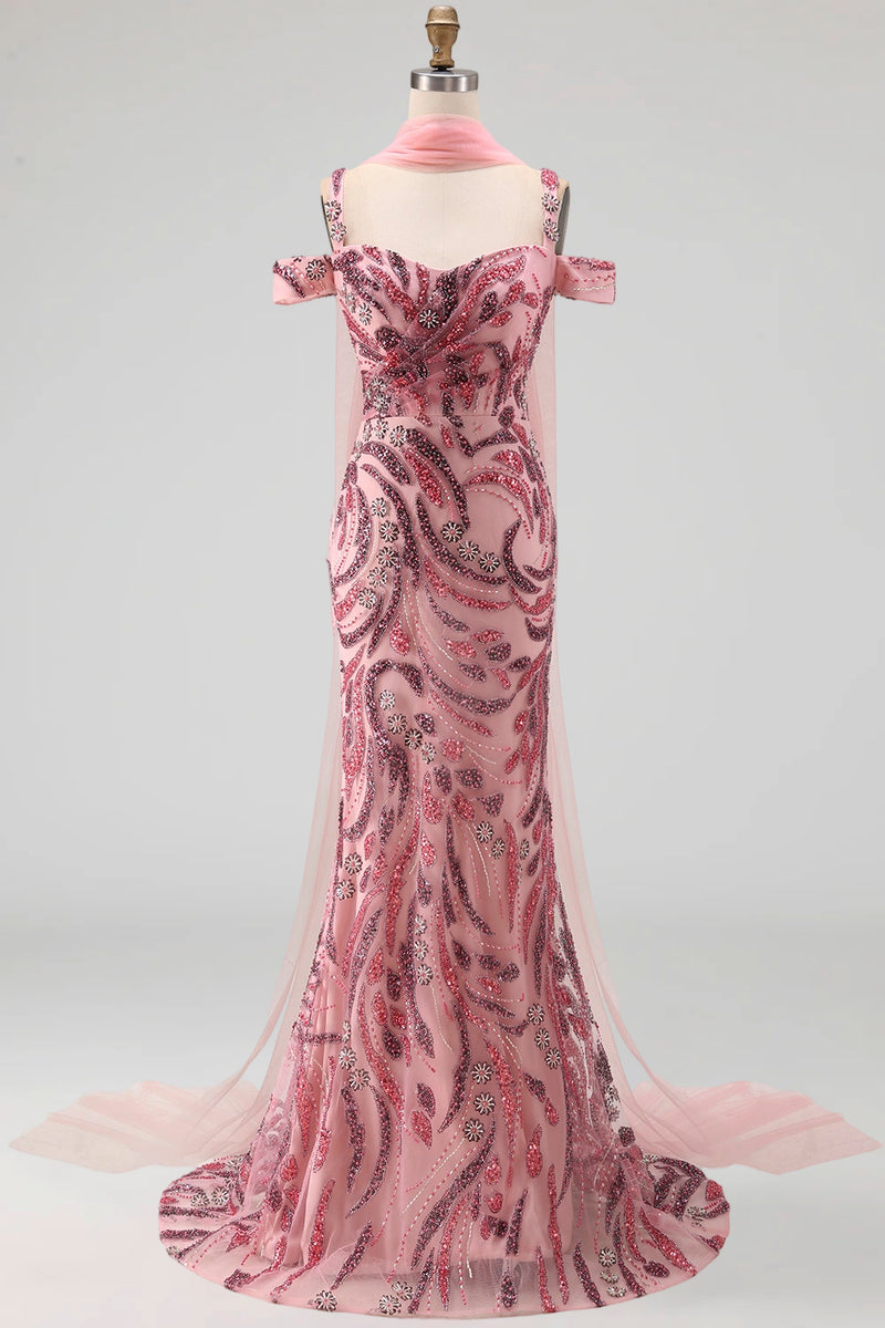 Load image into Gallery viewer, Cold Shoulder Pink Sparkly Long Neck Scarf Mermaid Beaded Prom Dress