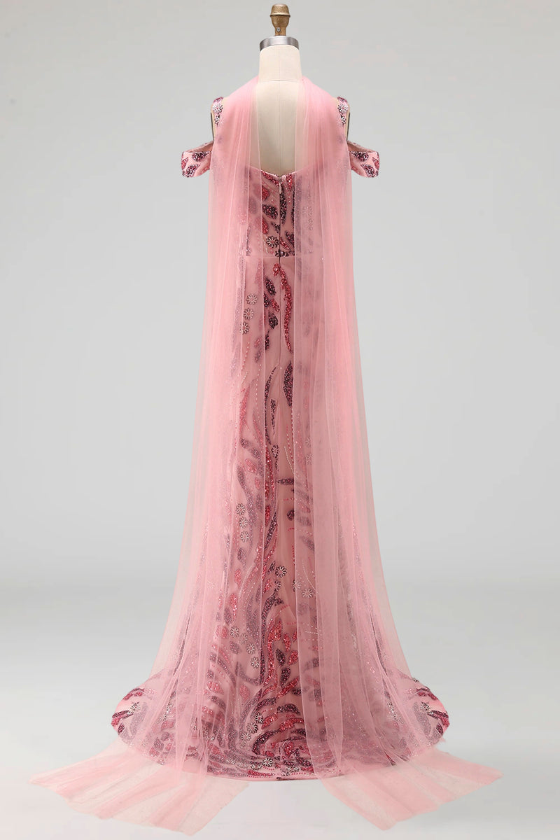 Load image into Gallery viewer, Cold Shoulder Pink Sparkly Long Neck Scarf Mermaid Beaded Prom Dress