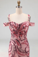 Load image into Gallery viewer, Cold Shoulder Pink Sparkly Long Neck Scarf Mermaid Beaded Prom Dress