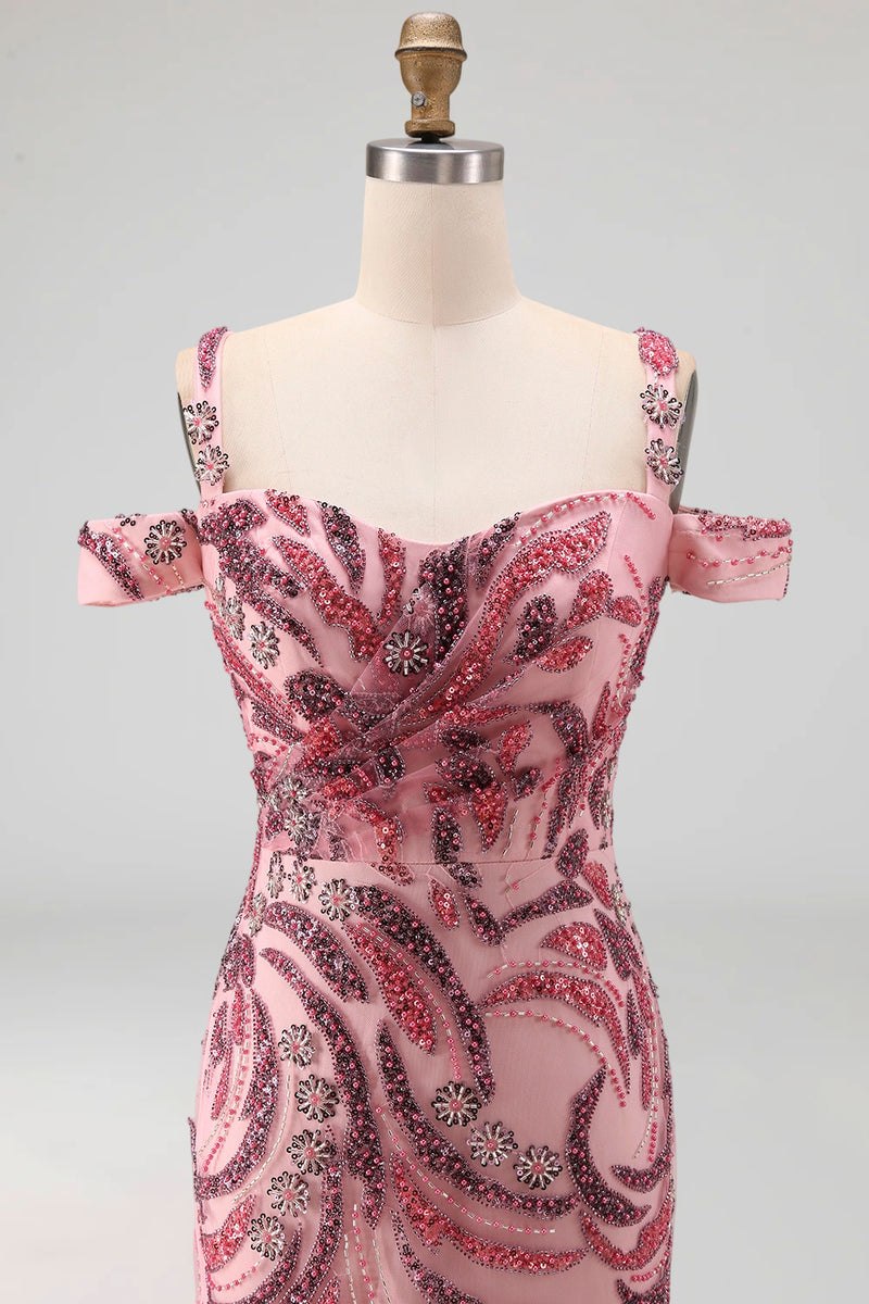 Load image into Gallery viewer, Cold Shoulder Pink Sparkly Long Neck Scarf Mermaid Beaded Prom Dress
