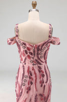 Load image into Gallery viewer, Cold Shoulder Pink Sparkly Long Neck Scarf Mermaid Beaded Prom Dress