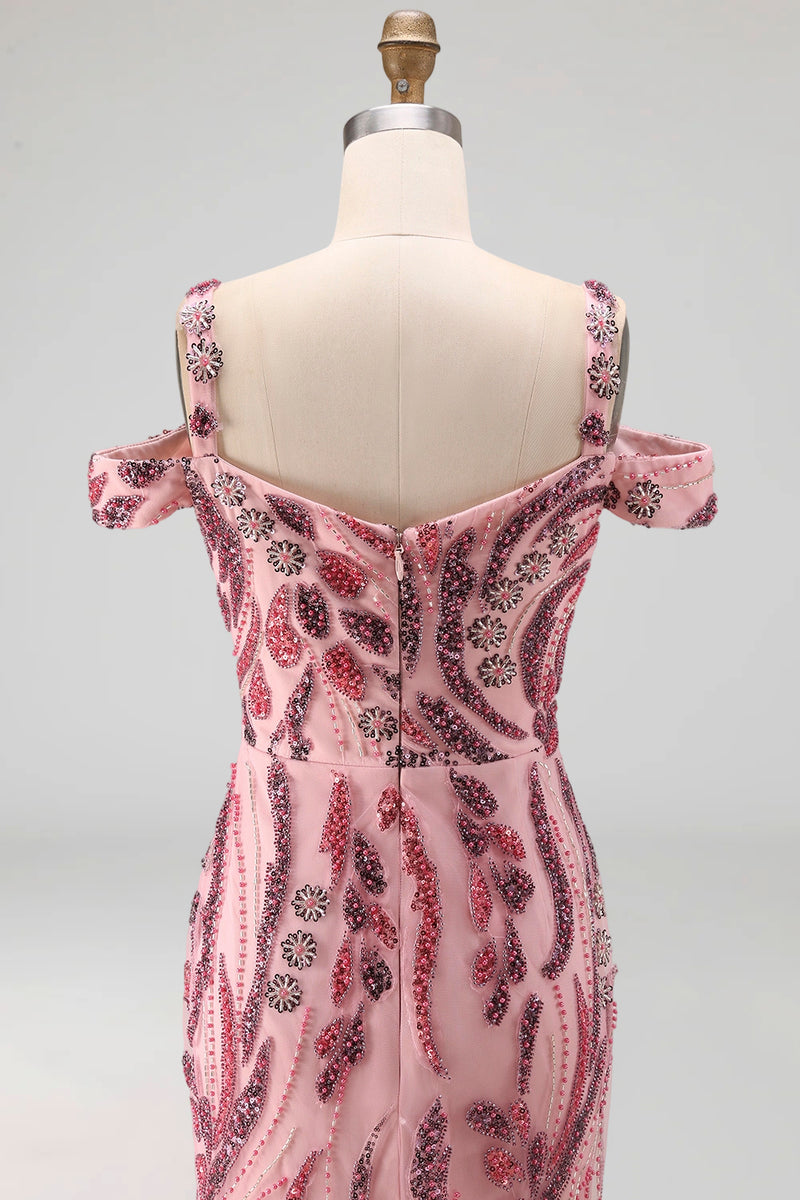 Load image into Gallery viewer, Cold Shoulder Pink Sparkly Long Neck Scarf Mermaid Beaded Prom Dress