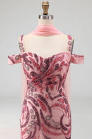 Load image into Gallery viewer, Cold Shoulder Pink Sparkly Long Neck Scarf Mermaid Beaded Prom Dress