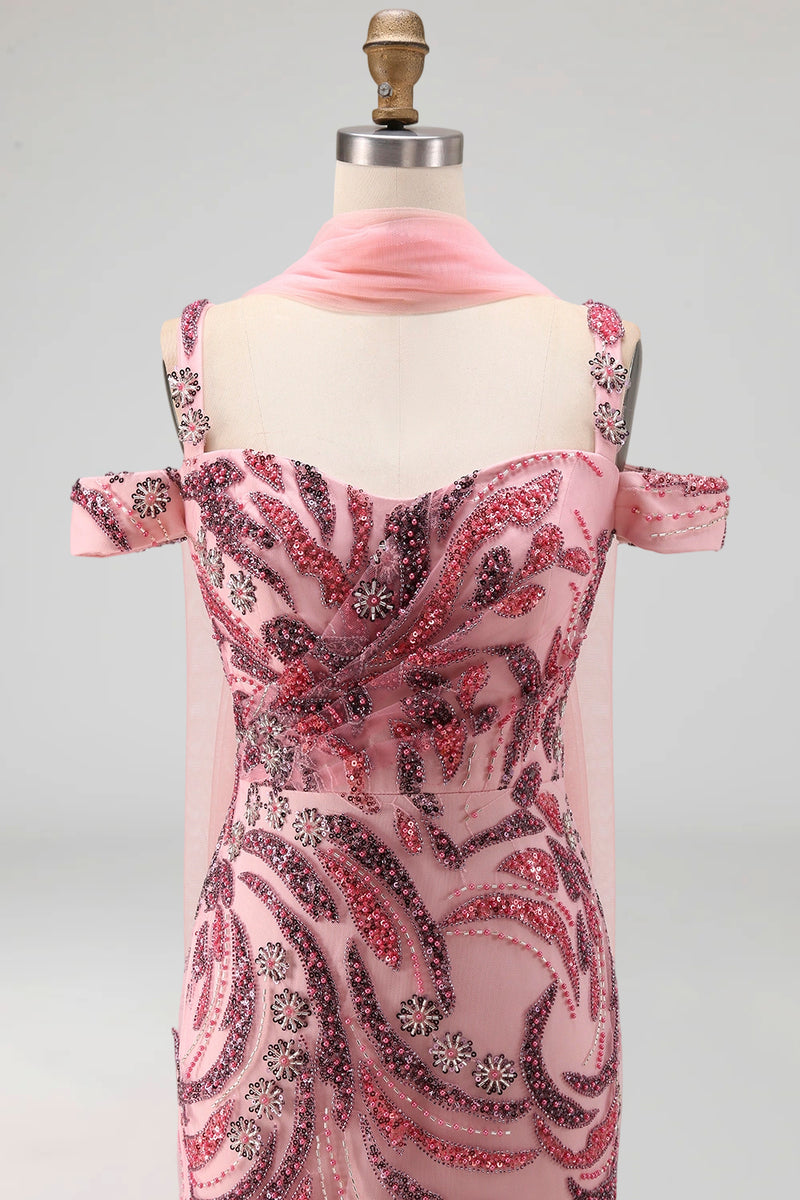 Load image into Gallery viewer, Cold Shoulder Pink Sparkly Long Neck Scarf Mermaid Beaded Prom Dress