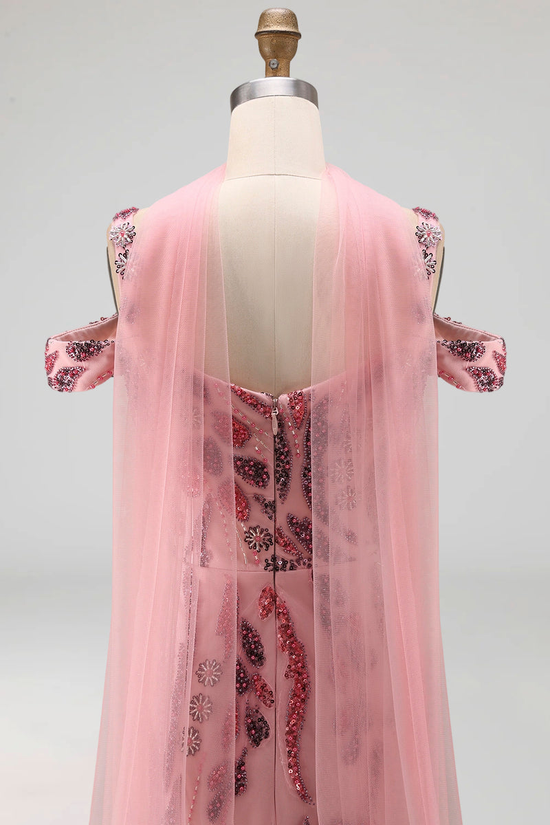 Load image into Gallery viewer, Cold Shoulder Pink Sparkly Long Neck Scarf Mermaid Beaded Prom Dress