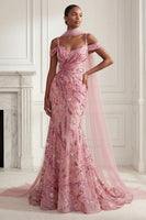 Load image into Gallery viewer, Cold Shoulder Pink Sparkly Long Neck Scarf Mermaid Beaded Prom Dress