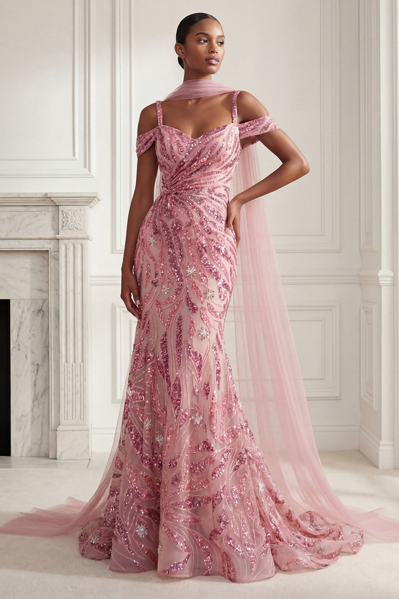 Load image into Gallery viewer, Cold Shoulder Pink Sparkly Long Neck Scarf Mermaid Beaded Prom Dress