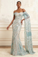 Load image into Gallery viewer, Off the Shoulder Sparkly Mermaid Blue Beaded Long Prom Dress with Side Cape