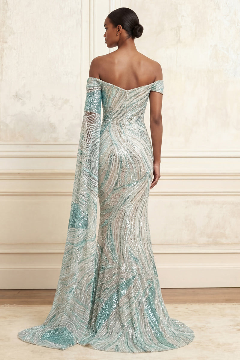 Load image into Gallery viewer, Off the Shoulder Sparkly Mermaid Blue Beaded Long Prom Dress with Side Cape