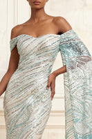 Load image into Gallery viewer, Off the Shoulder Sparkly Mermaid Blue Beaded Long Prom Dress with Side Cape