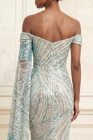 Load image into Gallery viewer, Off the Shoulder Sparkly Mermaid Blue Beaded Long Prom Dress with Side Cape