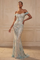 Load image into Gallery viewer, Sparkly Blue Beaded Mermaid Off the Shoulder Long Prom Dress