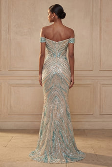 Sparkly Blue Beaded Mermaid Off the Shoulder Long Prom Dress