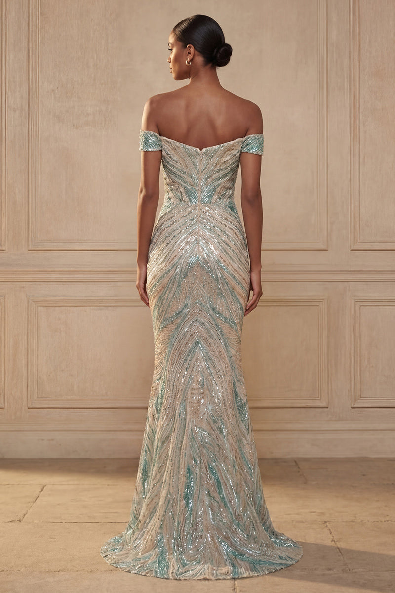 Load image into Gallery viewer, Sparkly Blue Beaded Mermaid Off the Shoulder Long Prom Dress