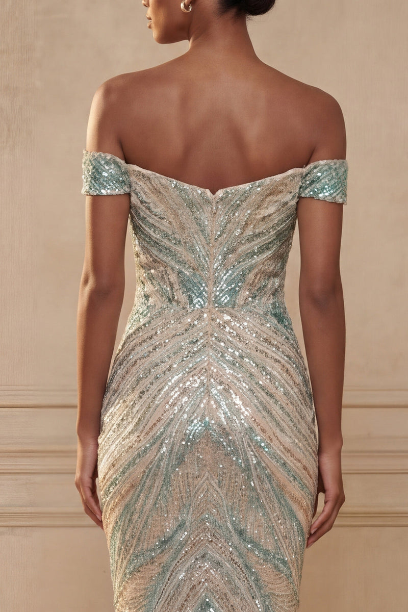 Load image into Gallery viewer, Sparkly Blue Beaded Mermaid Off the Shoulder Long Prom Dress