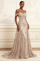 Load image into Gallery viewer, Long Floral A Line Champagne Sparkly Beaded Prom Dress