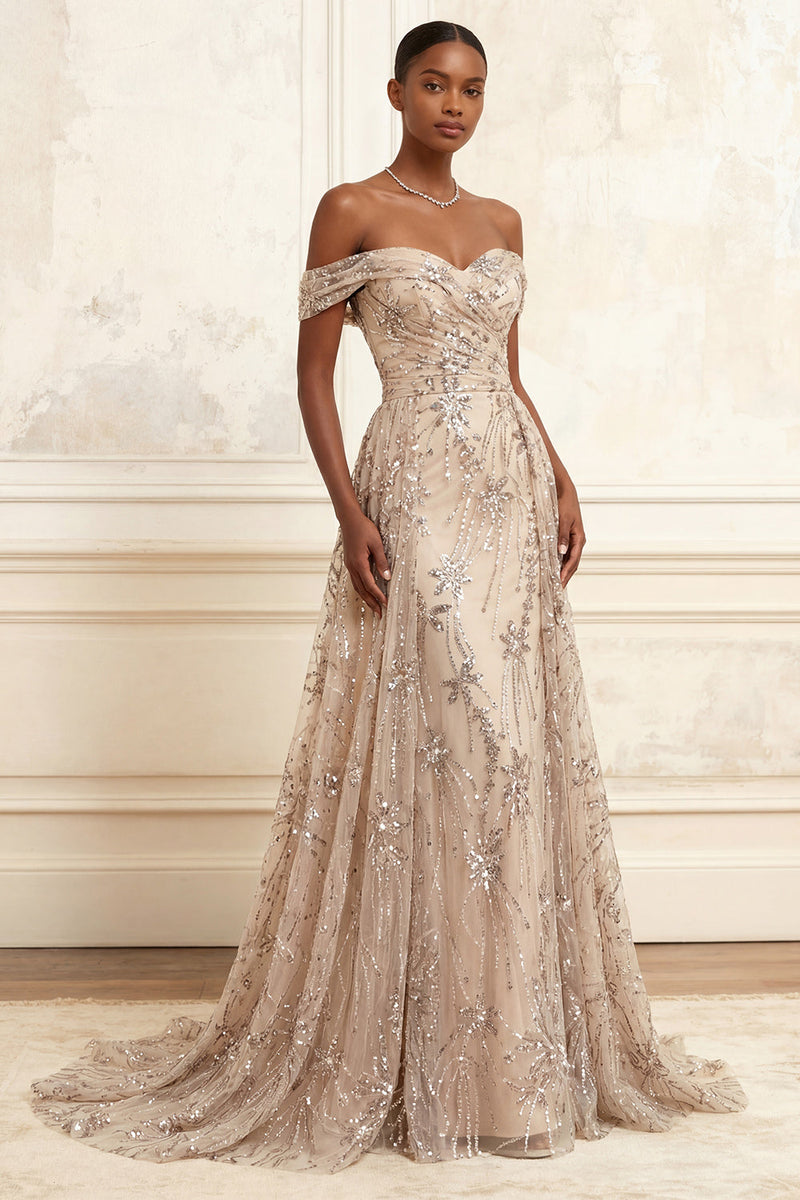 Load image into Gallery viewer, Long Floral A Line Champagne Sparkly Beaded Prom Dress