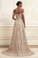 Load image into Gallery viewer, Long Floral A Line Champagne Sparkly Beaded Prom Dress