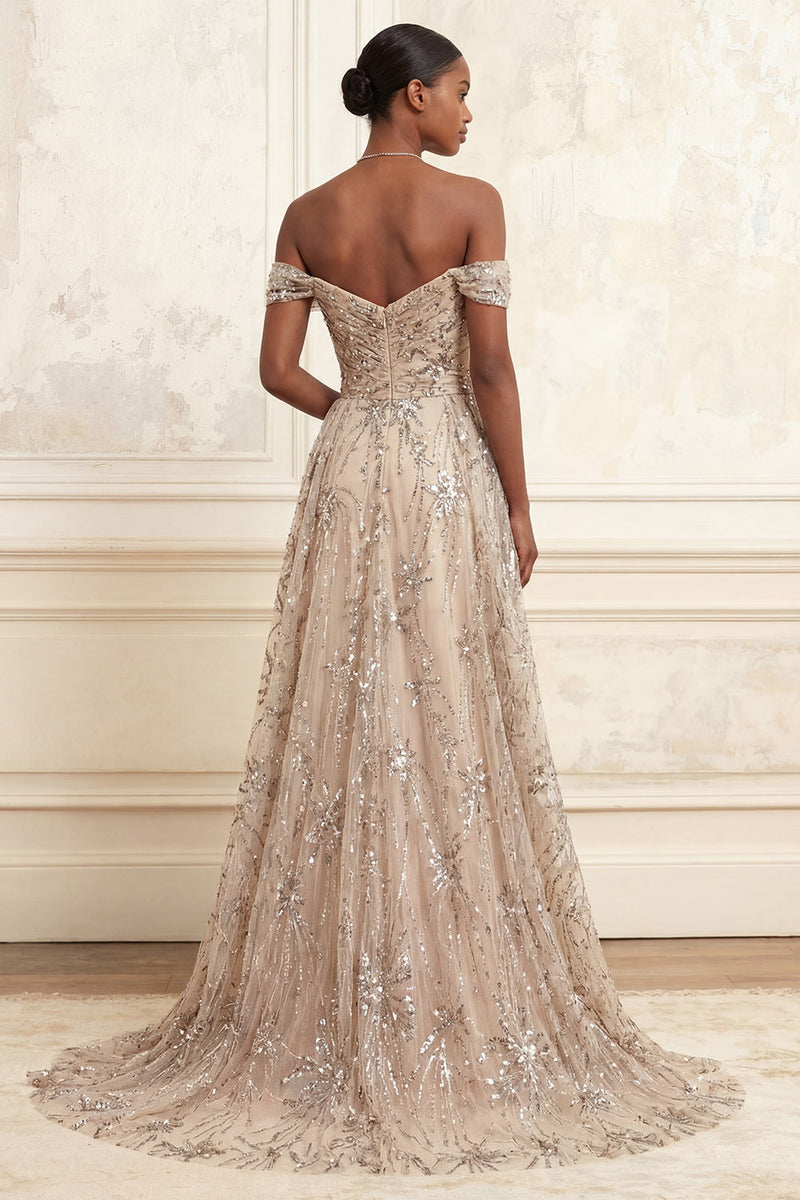 Load image into Gallery viewer, Long Floral A Line Champagne Sparkly Beaded Prom Dress