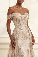 Load image into Gallery viewer, Long Floral A Line Champagne Sparkly Beaded Prom Dress