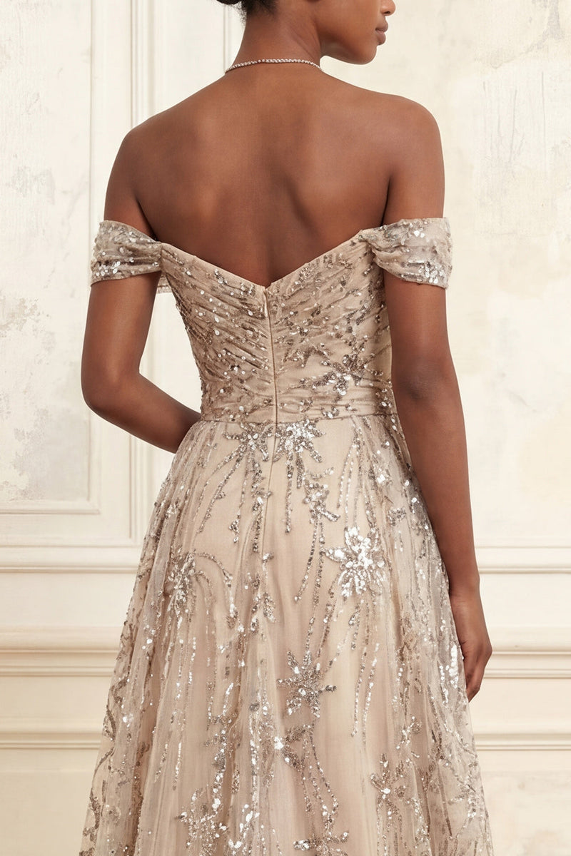 Load image into Gallery viewer, Long Floral A Line Champagne Sparkly Beaded Prom Dress