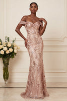 Load image into Gallery viewer, Sparkly Blush Long Beaded Floral Off the Shoulder Prom Dress