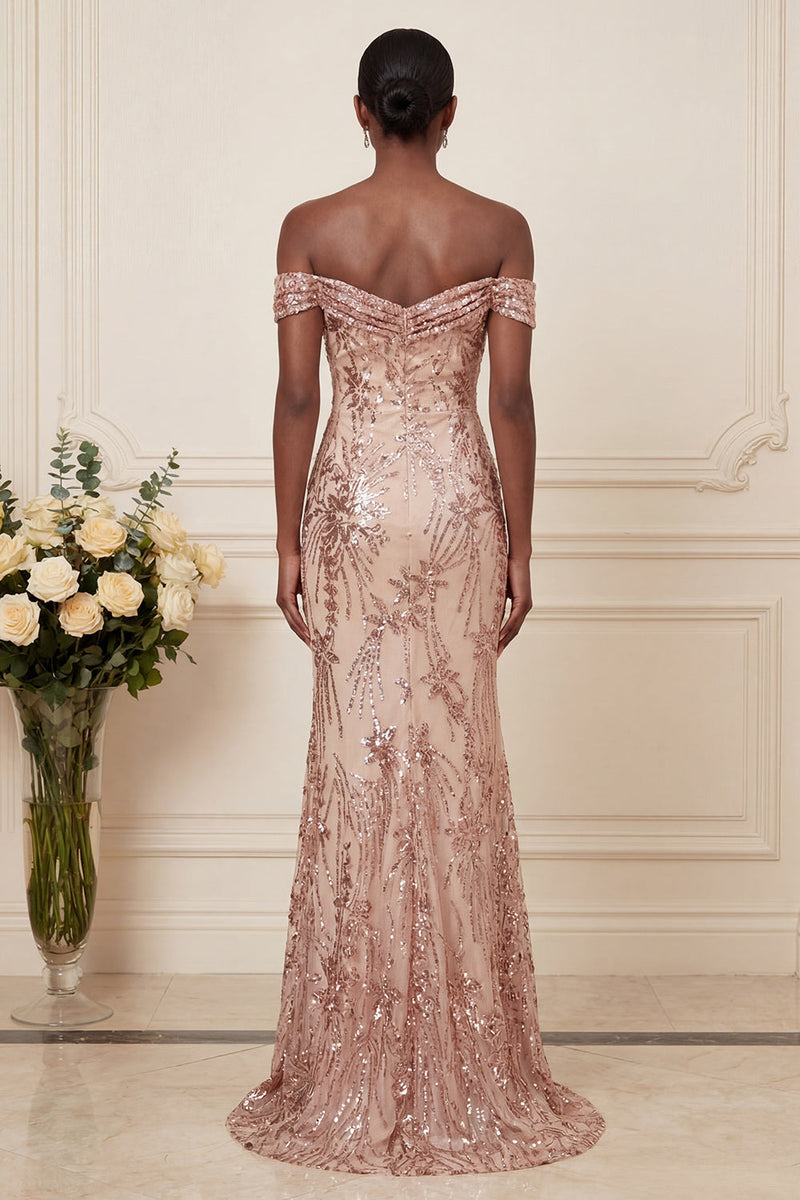 Load image into Gallery viewer, Sparkly Blush Long Beaded Floral Off the Shoulder Prom Dress