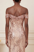 Load image into Gallery viewer, Sparkly Blush Long Beaded Floral Off the Shoulder Prom Dress