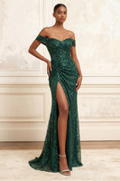 Load image into Gallery viewer, Sparkly Dark Green Beaded Mermaid Ruched Long Evening Dress with Slit