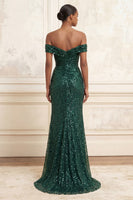 Load image into Gallery viewer, Sparkly Dark Green Beaded Mermaid Ruched Long Evening Dress with Slit