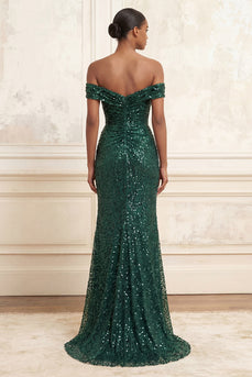 Sparkly Dark Green Beaded Mermaid Ruched Long Evening Dress with Slit