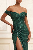 Load image into Gallery viewer, Sparkly Dark Green Beaded Mermaid Ruched Long Evening Dress with Slit