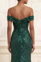 Load image into Gallery viewer, Sparkly Dark Green Beaded Mermaid Ruched Long Evening Dress with Slit